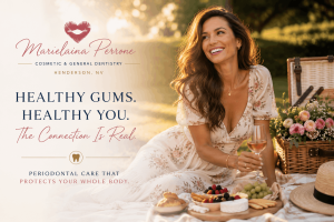 Elegant woman enjoying a luxury outdoor picnic at golden hour, smiling brightly in a beautiful park setting with gourmet food and flowers, representing healthy living, confidence, and the connection between oral health and overall wellness.